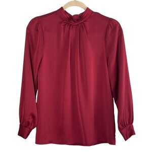 Vintage J Crew Pleated Mock Neck Satin Blouse Sz XS Burgundy Red Puff Sleeve